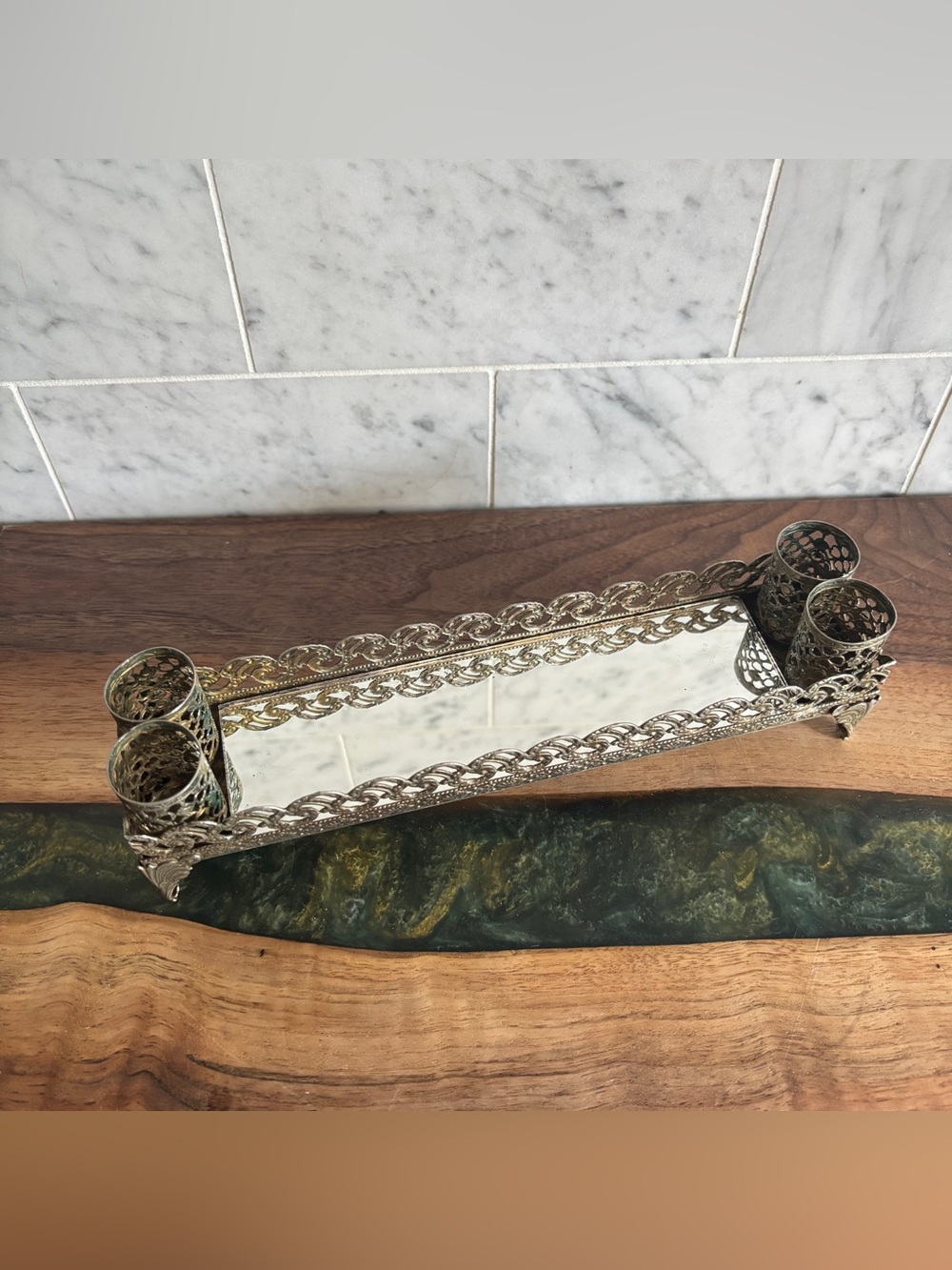Vintage Silver Metal Filigree Mirrored Lipstick Holder, Vanity Caddy